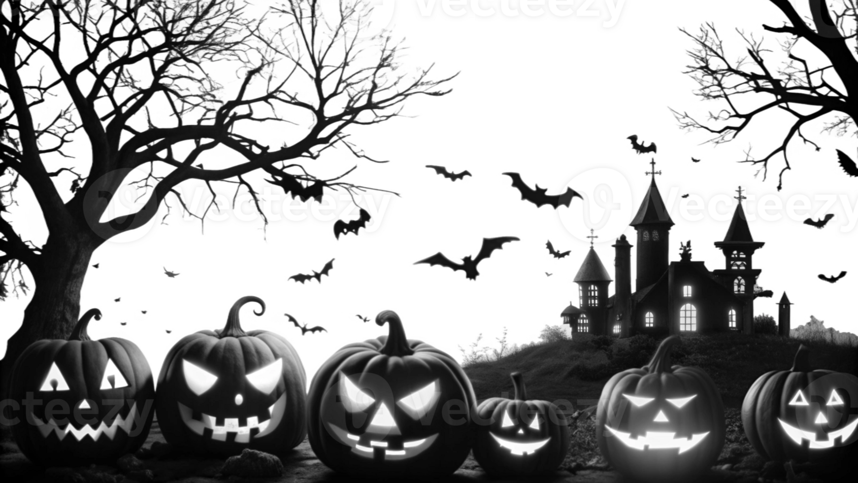 halloween background black and white with pumpkins and bats png