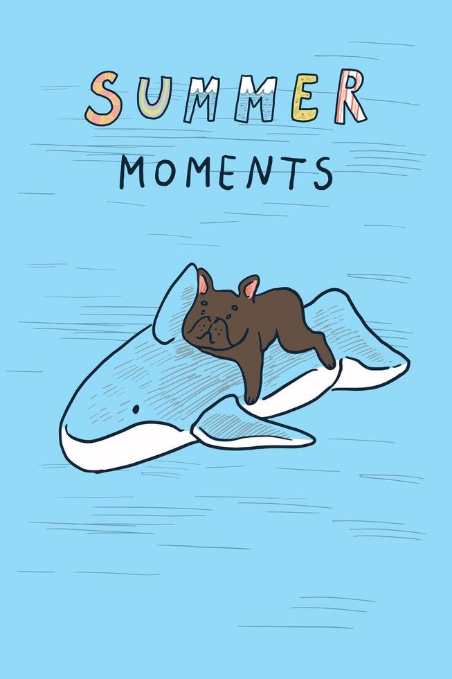hand drawn illustration of a cute little dog and a inflatable dolphin. Doodle cartoon style. vector