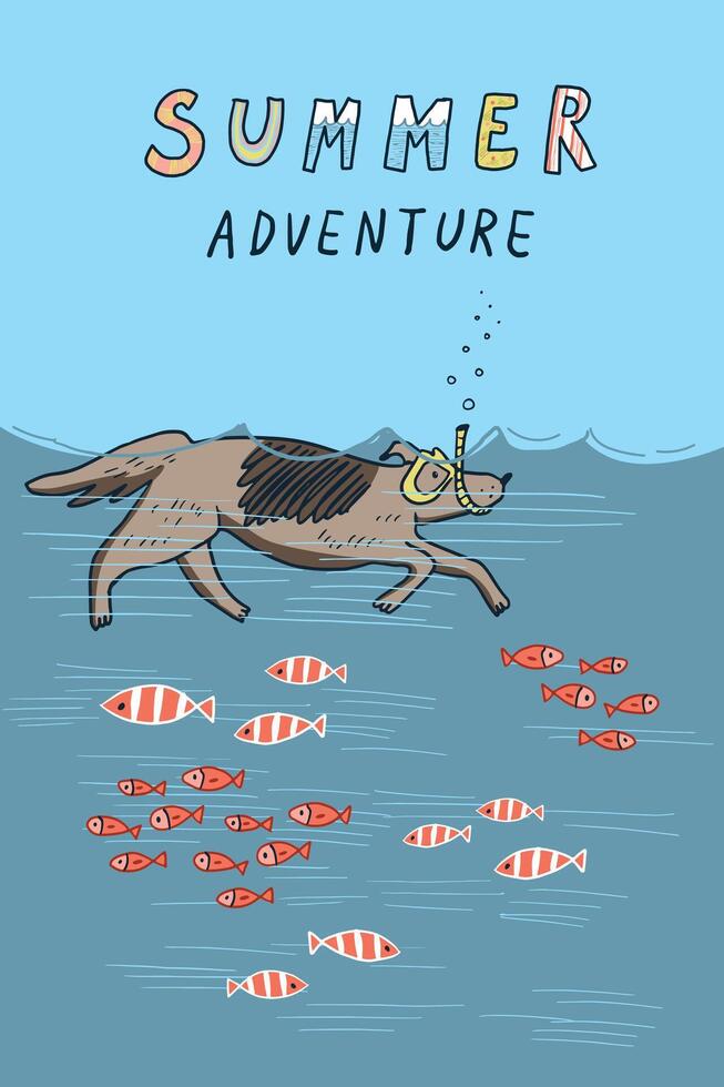illustration of a dog snorkeling in the sea. vector