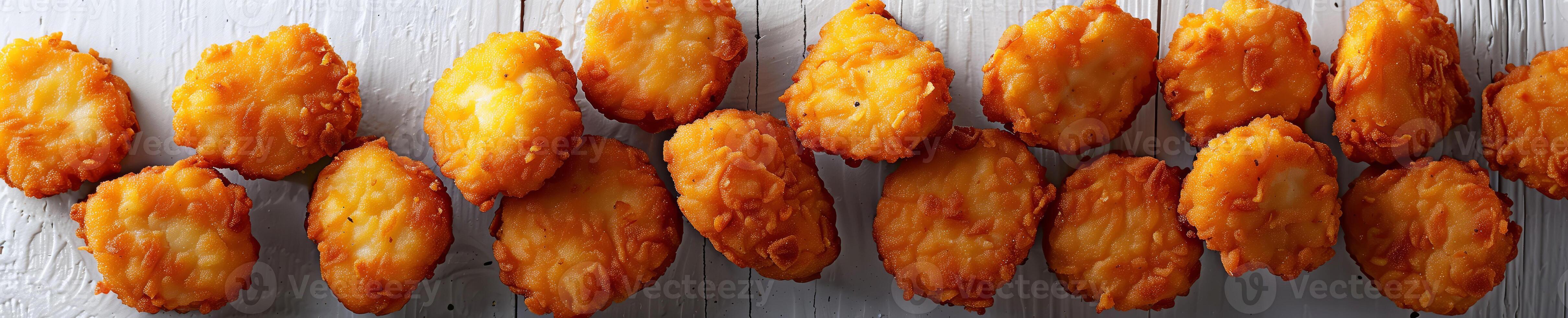The appealing golden brown chicken nuggets aligned on a white wooden table showcasing texture and color, culinary concept photo