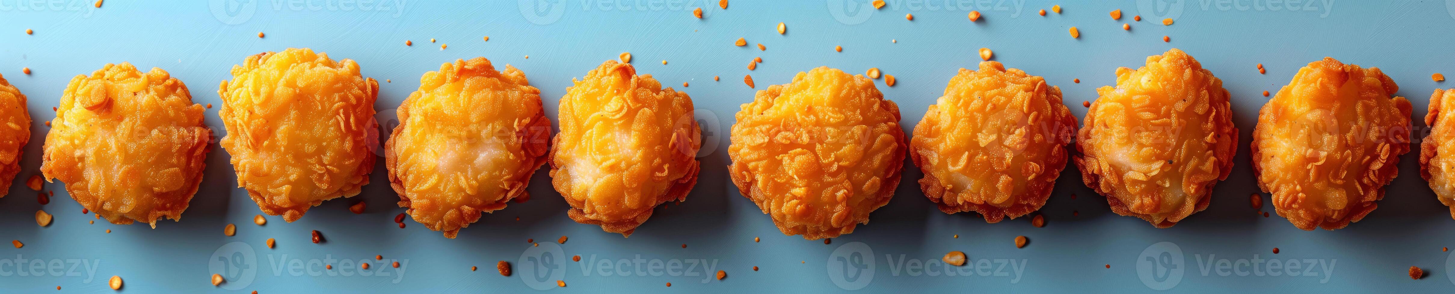 Crispy, golden chicken nuggets arranged in a row on a light blue background, showcasing perfectly fried, crunchy texture, chicken nugget concept photo