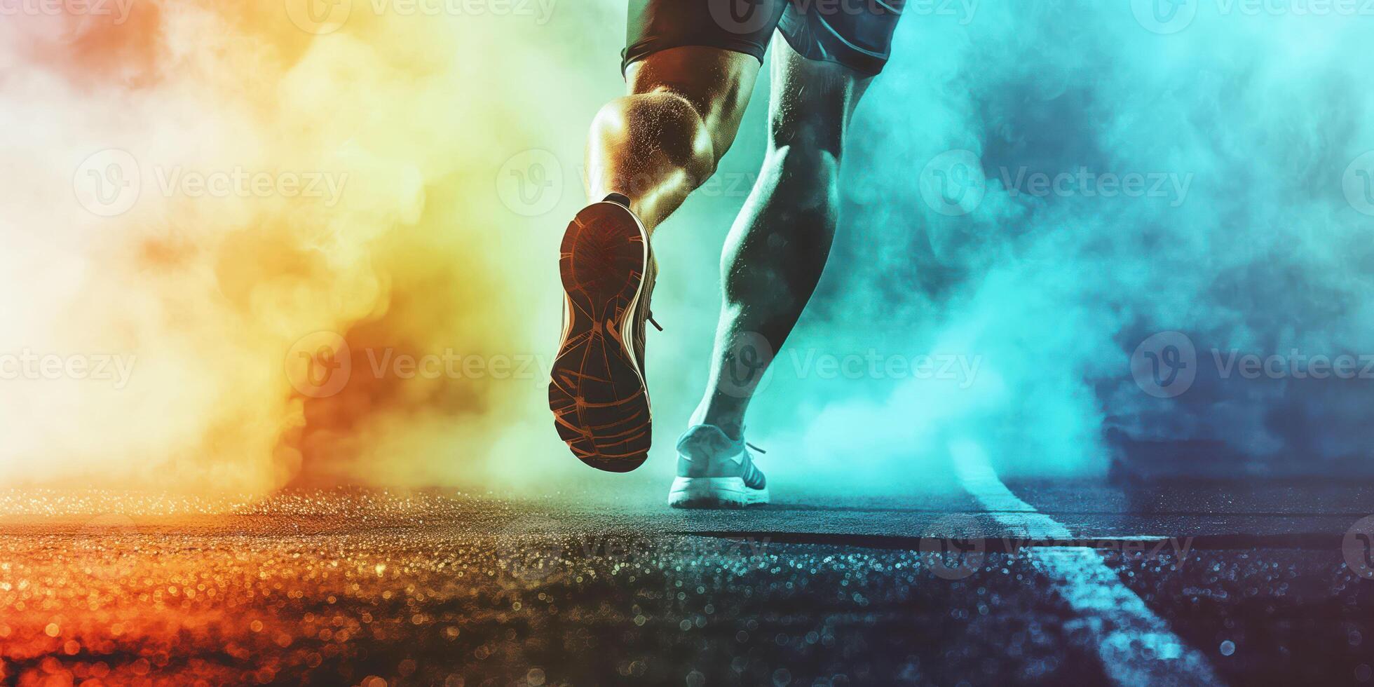 The athlete's legs running on a track with colorful smoke background, dynamic scene, fitness motivation concept photo