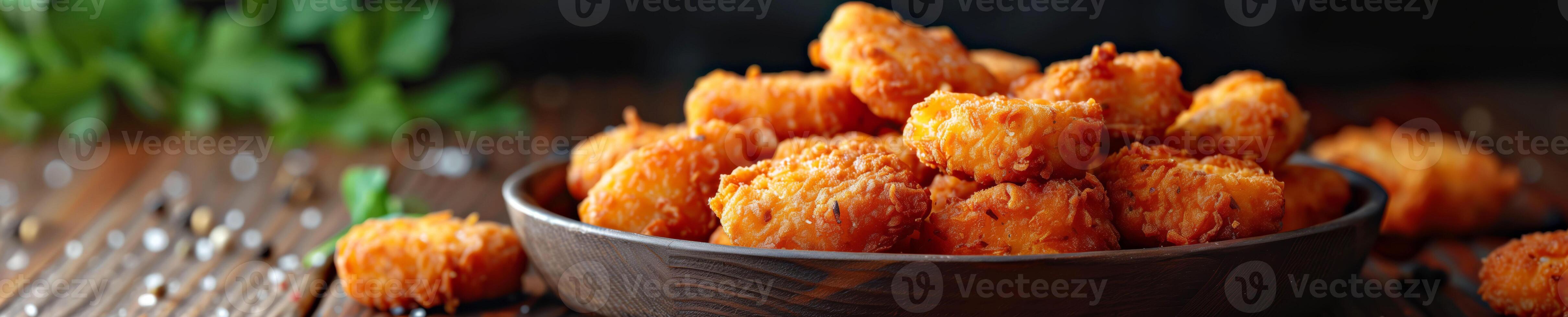 The photo is of a bowl filled with crispy, golden, fried chicken nuggets on a wooden table, delicious snack concept