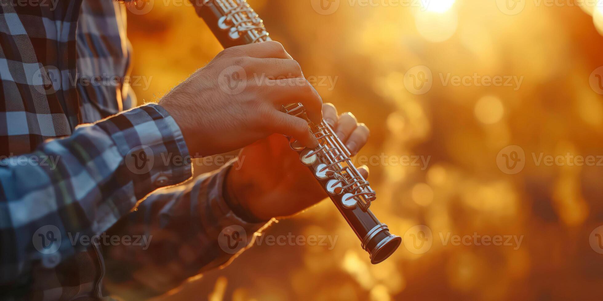 The musician plays the flute, enjoying the golden sunset, creating a relaxing melody, outdoors with trees in the background, and peaceful evening light, musical concept. photo