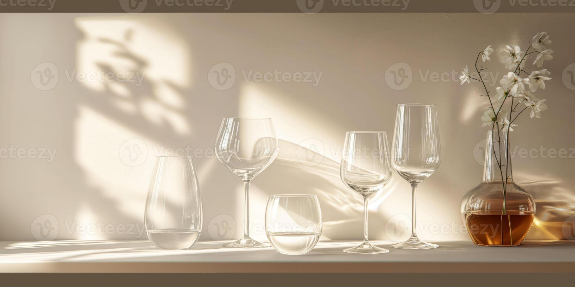 The elegance of glassware illuminated, forming delicate shadows on shelf, accompanied by a beautiful vase with white flowers, elegance in home decor concept. photo