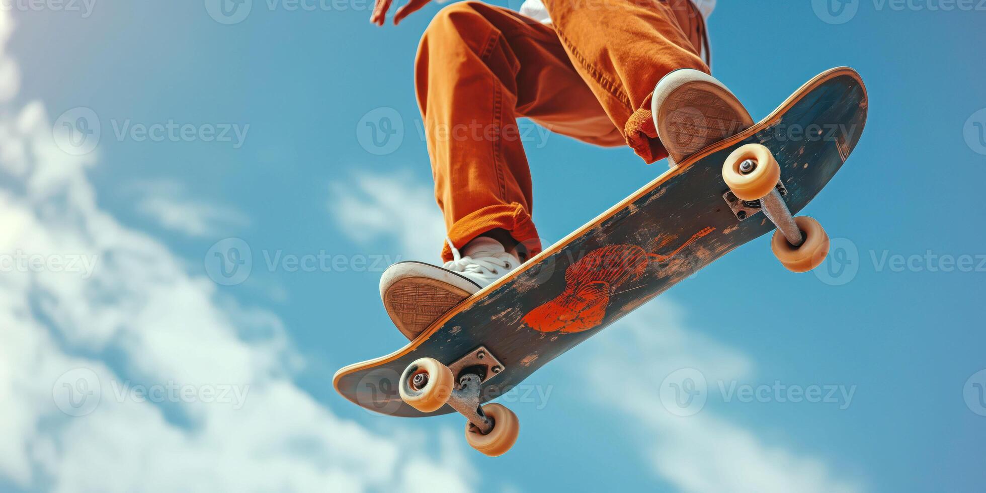 The skateboarder performs a high jump in the bright blue sky, capturing the essence of action, adventure, and youth, skateboarding concept photo