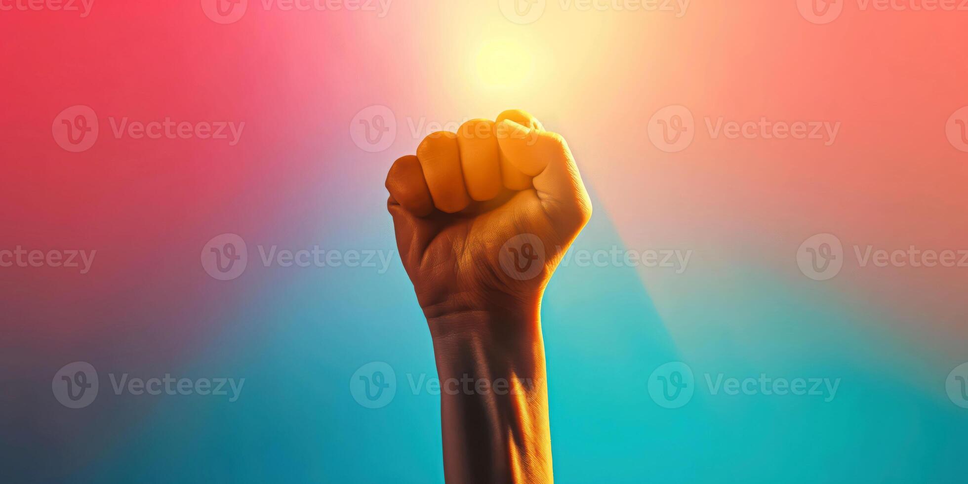Powerful raised fist against vibrant gradient background, symbolizing strength, unity, empowerment, and resilience, vibrant empowerment concept photo