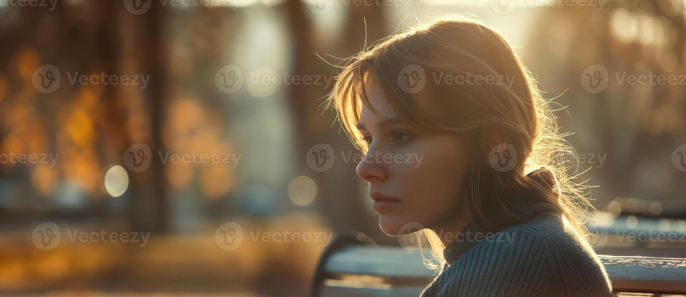 Young woman in contemplation on park bench, sunlight filtering through trees, serene setting in autumn, introspective mood, solitude concept photo