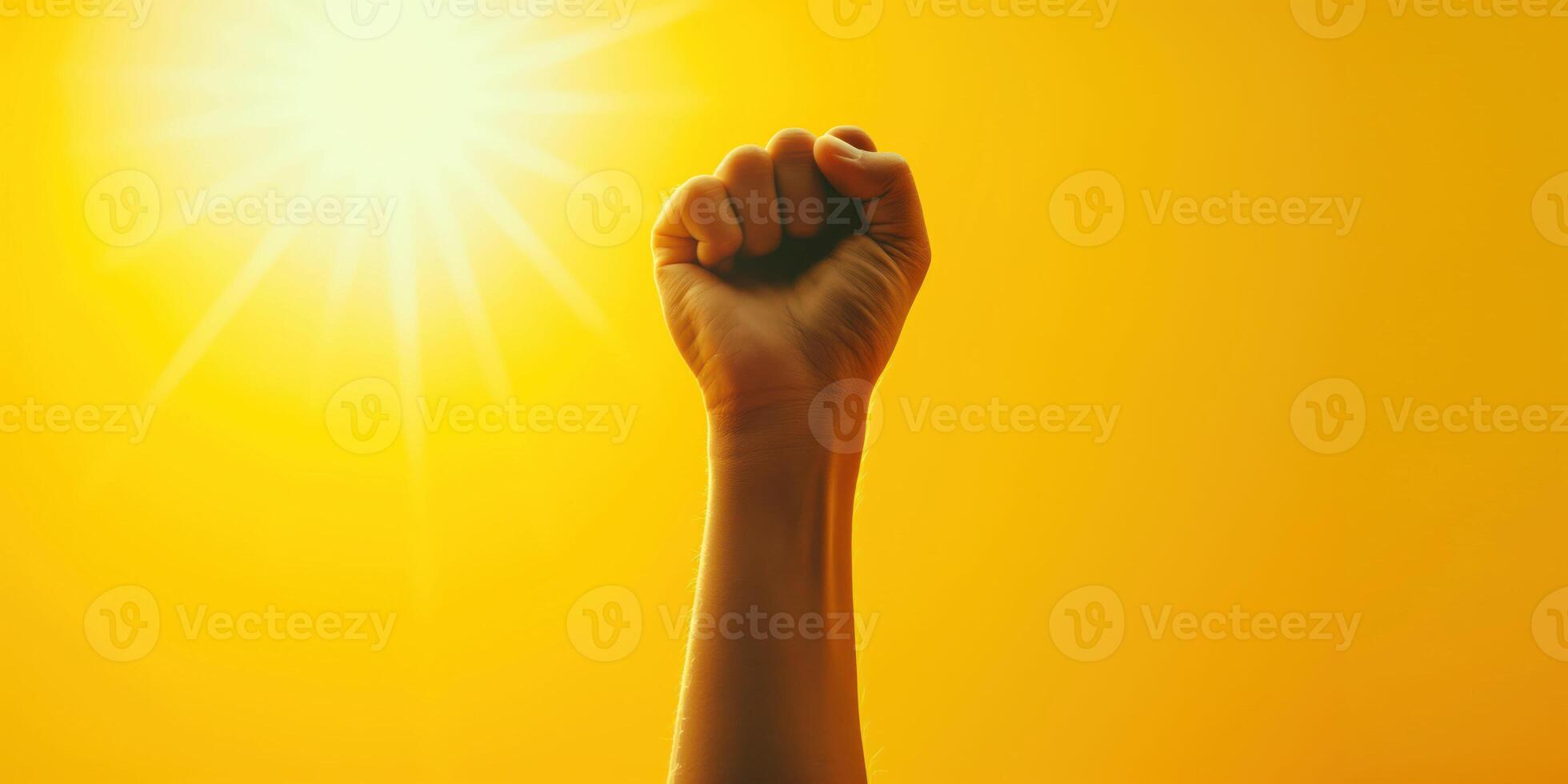Raised clenched fist against bright yellow sun, symbolizing strength, power, unity, on vibrant yellow background, empowerment, and determination concept photo
