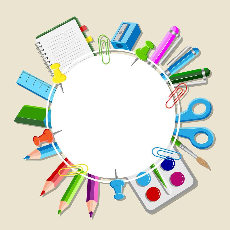Back to School. Design with School Supplies on brown Background. Illustration Concept Banner Education with Pen, Pencil, Ruler, Notepad, Paperclip, Paint, Brush, Sharpener. vector