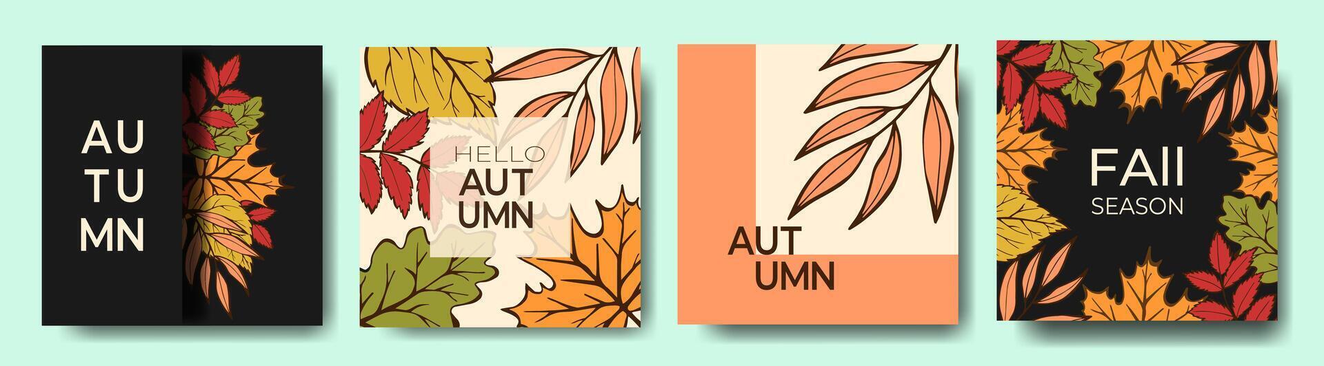 Poster Autumn, Fall, Thanksgiving day with beautiful leaves. Fall trendy background with modern typography. Abstract Template invitation, card, flyer, cover, banner, Social media, sale, advertising. vector