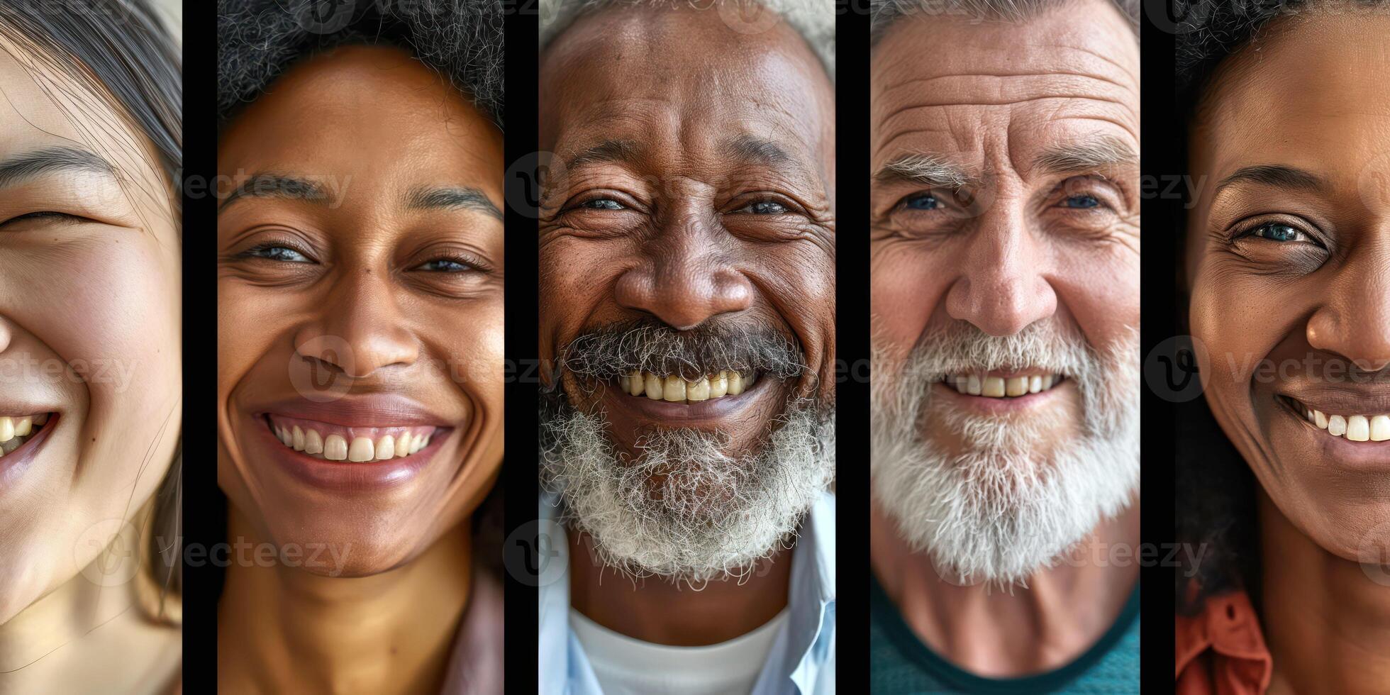 Close-up portrait collage of people from different backgrounds, smiling faces, diversity, human connection concept. photo