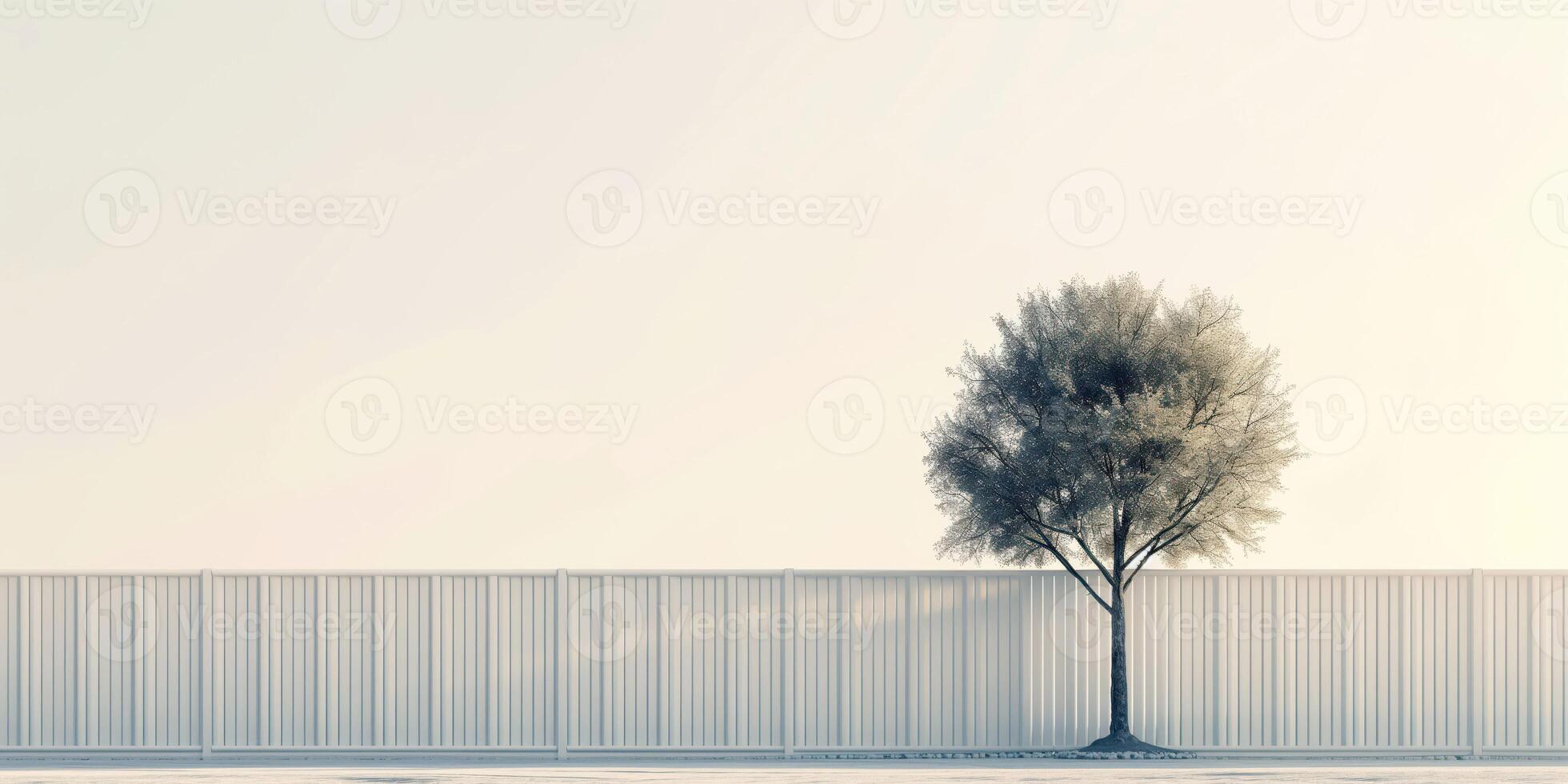 Solitary tree next to a white metal fence on white background, minimalistic lonely single tree design, calm atmosphere concept photo