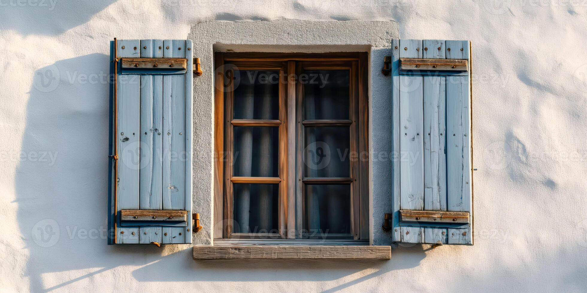 Vintage wooden window with blue shutters on white stucco wall, rustic architectural details, charming European style, window concept photo