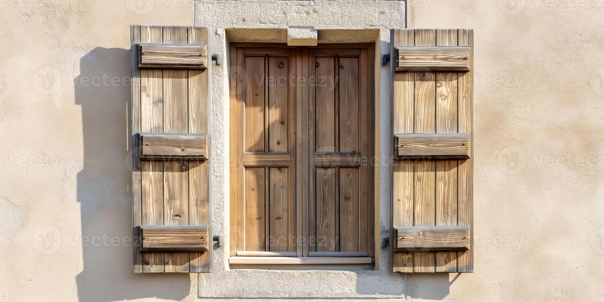 Rustic wooden window with closed shutters in an old stone wall, vintage architecture design, rustic charm concept photo