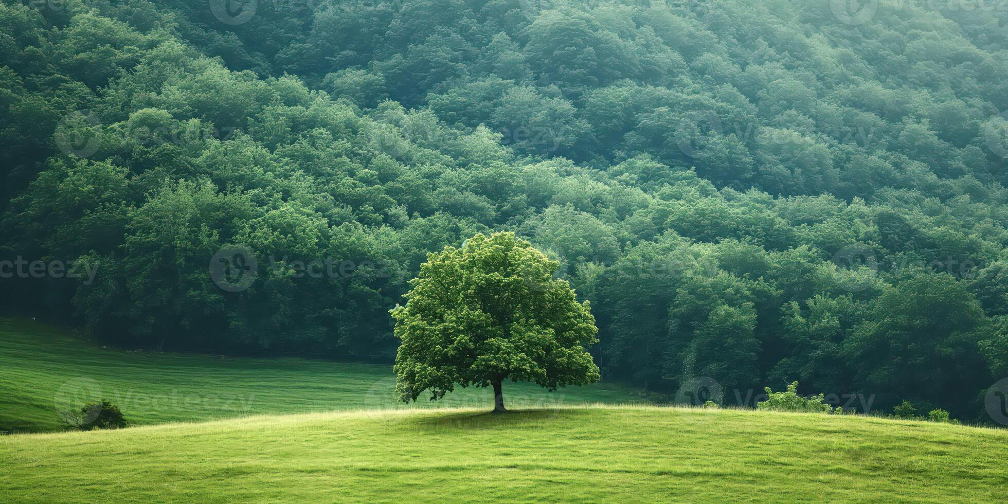 Lonely tree on a green hill surrounded by dense forest with misty atmosphere, creating a serene and peaceful environment, nature concept photo