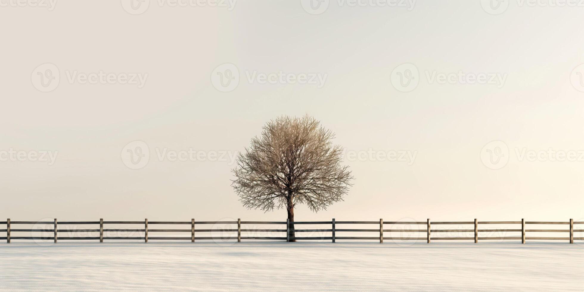 Solitary tree standing in snow-covered winter landscape with wooden fence, serene and peaceful winter scenery, winter nature calmness concept. photo