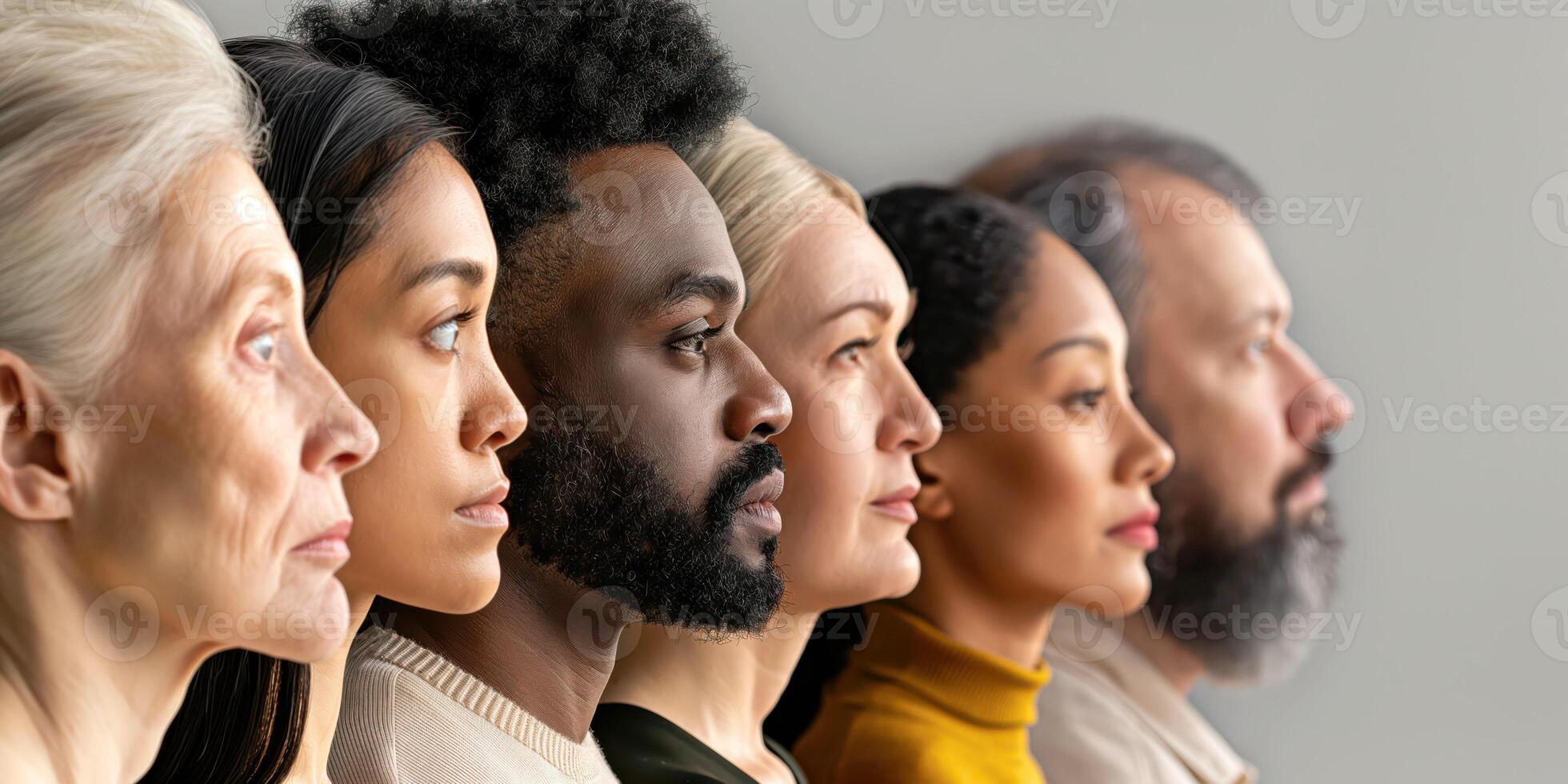 Diverse Group of People, Side Profile View, Expressing Various Ages and Ethnicities, colorful clothing concept photo
