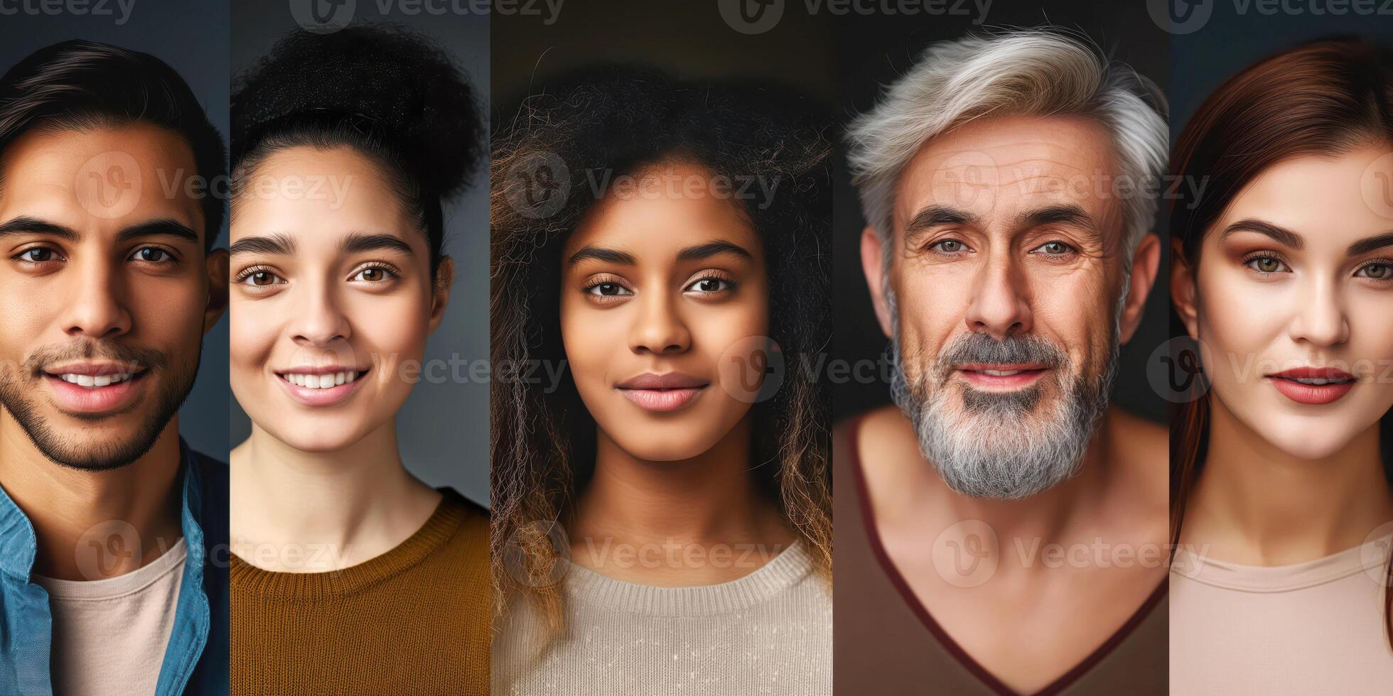 Diverse group, multi-generational portraits, expressions of various ethnicities, realism, diversity, inclusivity, human connection, photography concept photo