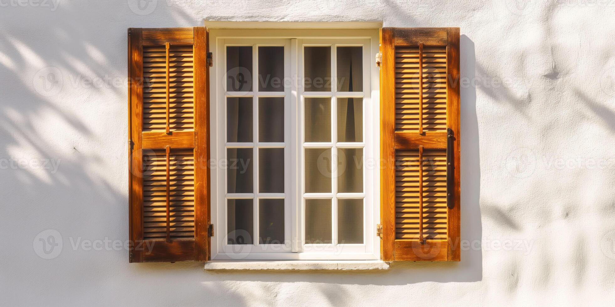 Bright sunlight on white wall with wooden window, closed shutters, heritage house exterior, vintage architecture, rustic design concept photo