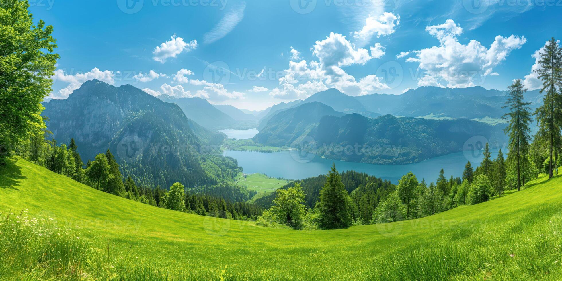 Panoramic view of a serene mountain landscape with lush green meadows, tranquil lake, and clear blue sky, nature scenery concept photo