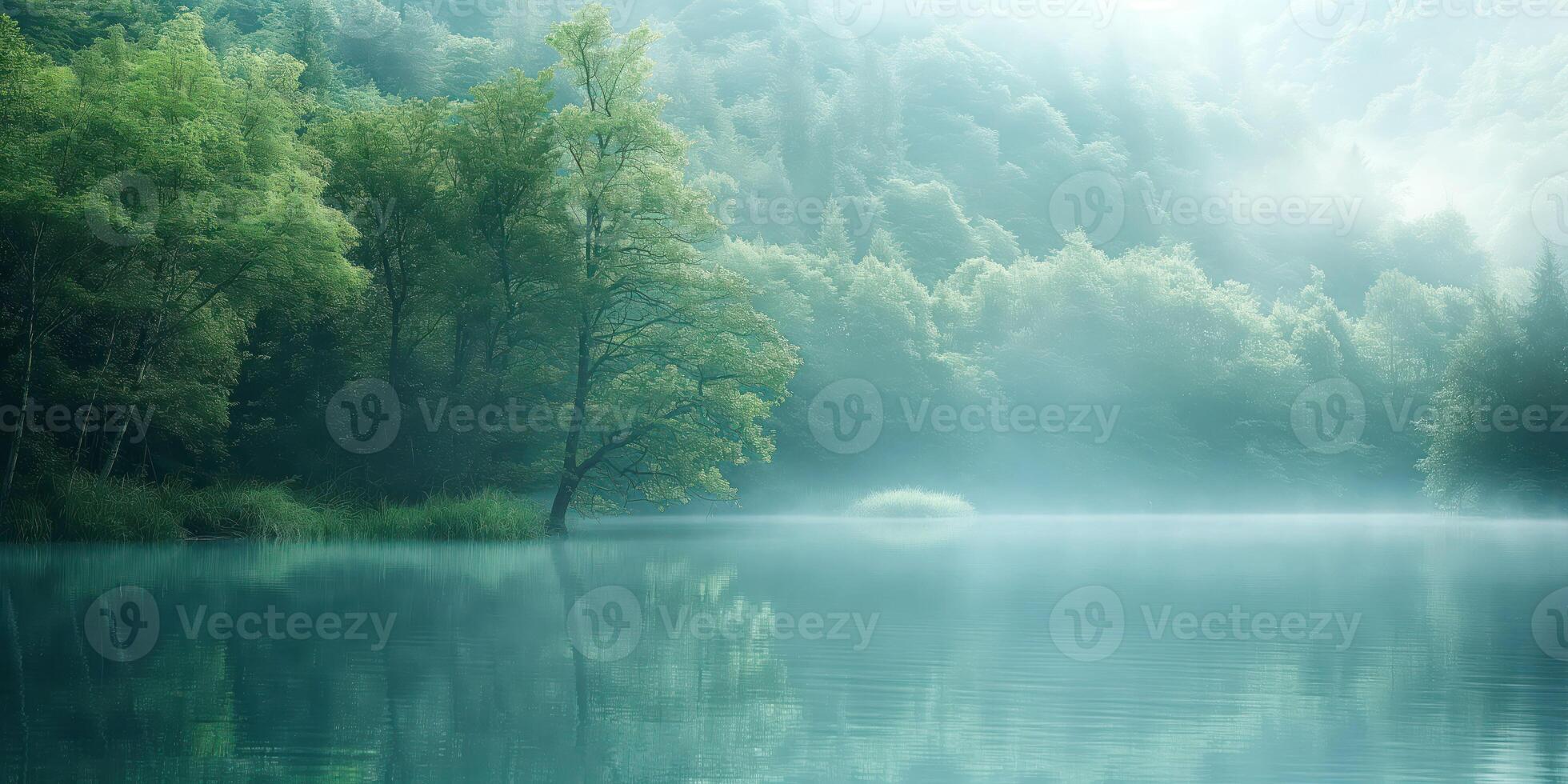 Peaceful forest lake surrounded by misty trees reflecting in calm water, serene nature scene, tranquility concept photo