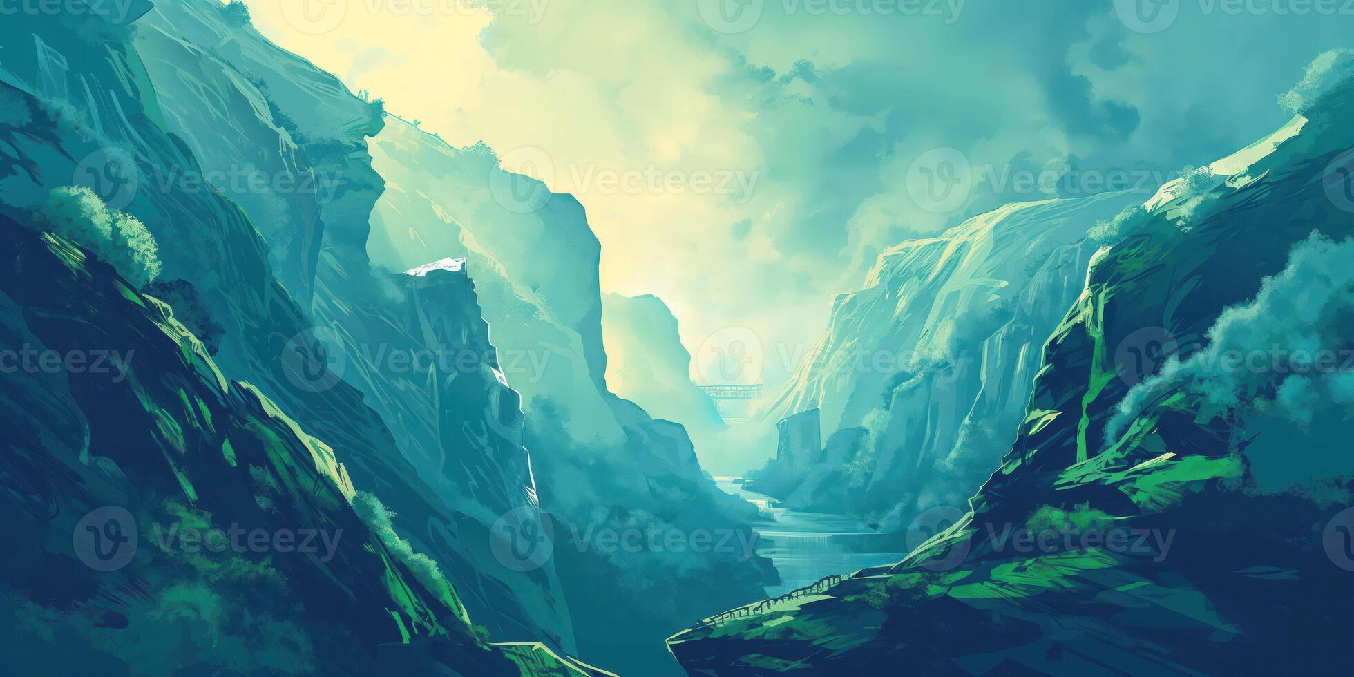 Majestic mountain valley, digitally illustrated, with a serene river flowing through, under a sky filled with fluffy clouds, nature beauty concept photo