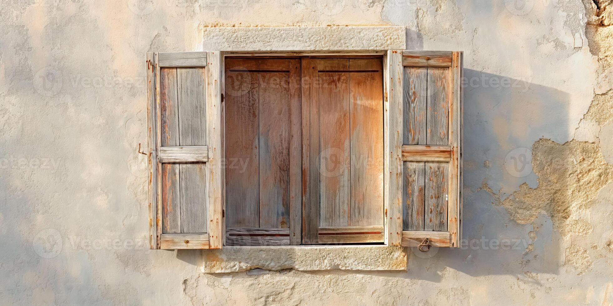 Close-up of rustic wooden window shutters on aged, textured wall, showcasing vintage charm, weathered wood details, and nostalgic appeal, rustic window concept photo