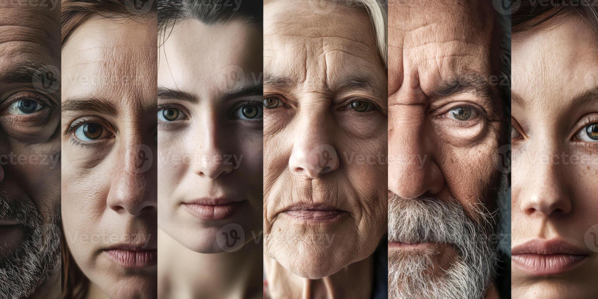collage de diverso humano caras representando diferente siglos, emociones y antecedentes, un tapiz de humano diversidad y expresión, diversidad concepto foto
