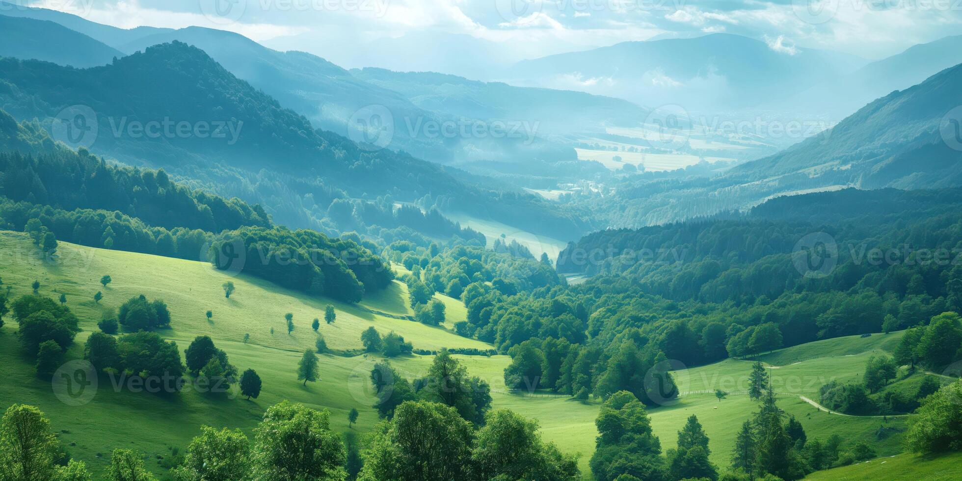 Expansive lush green valley with rolling hills, sunlit meadows, and forested mountains in the distance, serene landscape concept photo