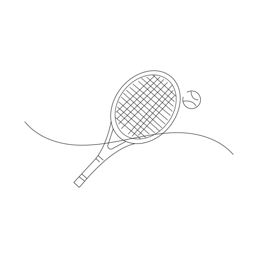 Tennis racket with ball hand drawn illustration, one line art outline stroke flat design minimalist vector