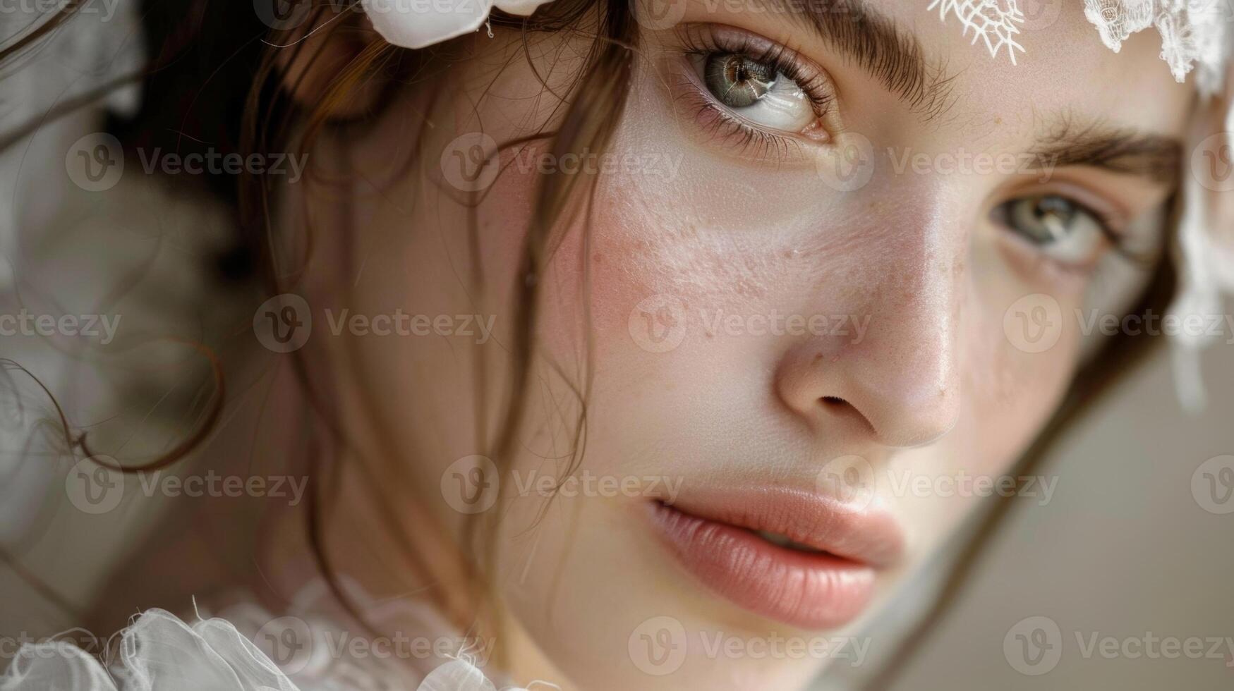 A whimsical headband adorned with handstitched fabric flowers and delicate lace perfect for a bohochic bride photo