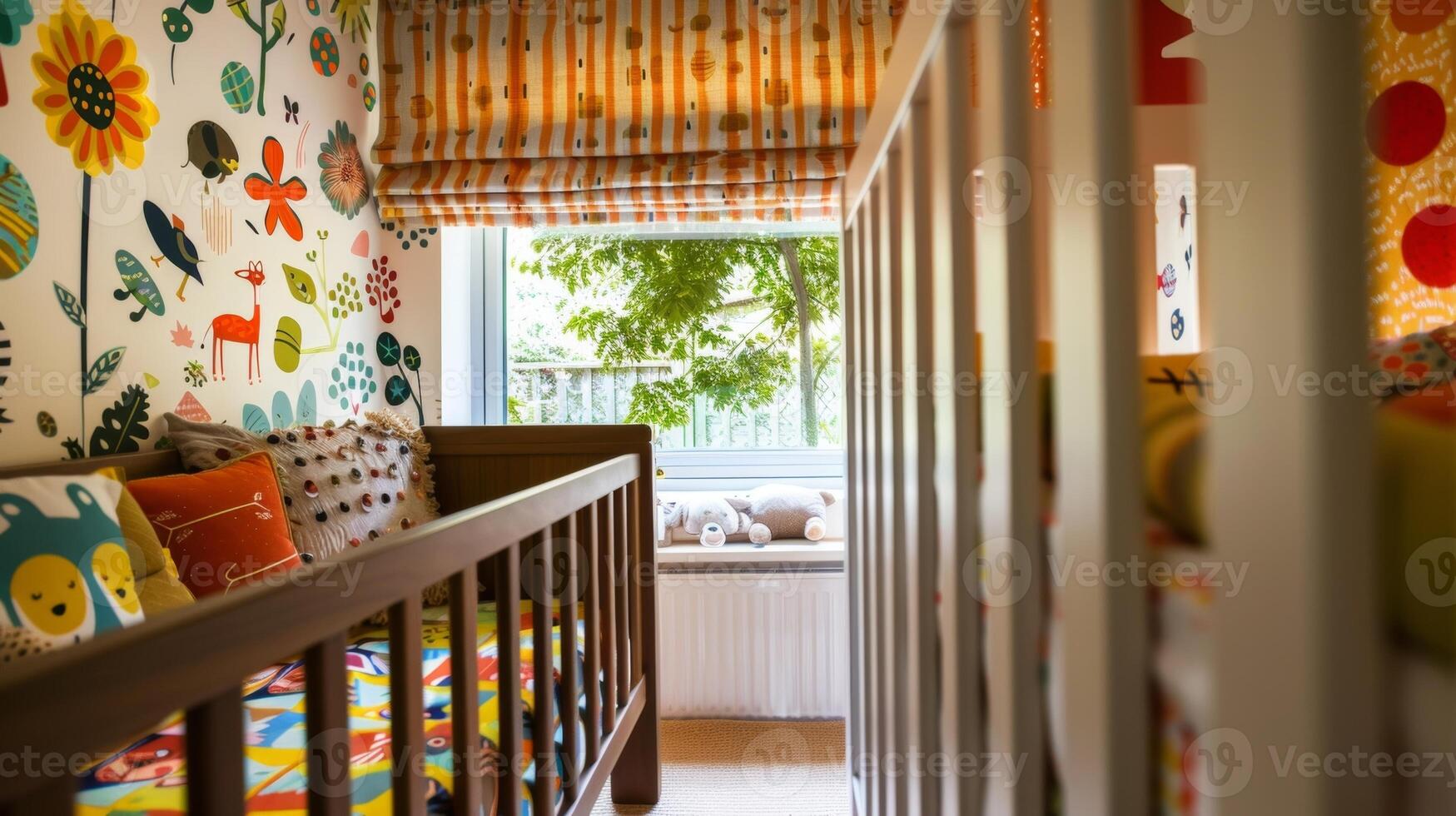 Welcoming stripes and a whimsical mix of patterns set the scene for a graphic animalthemed nursery photo