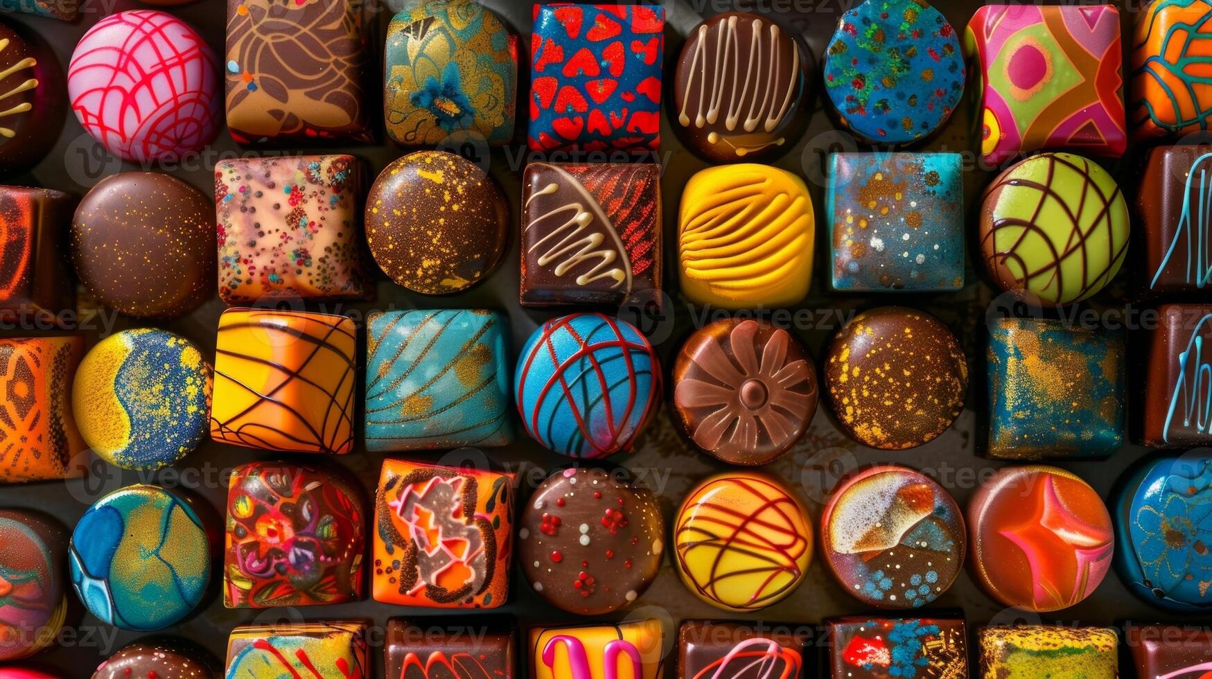 A colorful array of handpainted chocolates each one a little work of art with intricate designs and patterns hiding a surprise of fruity creme or liqueur inside photo