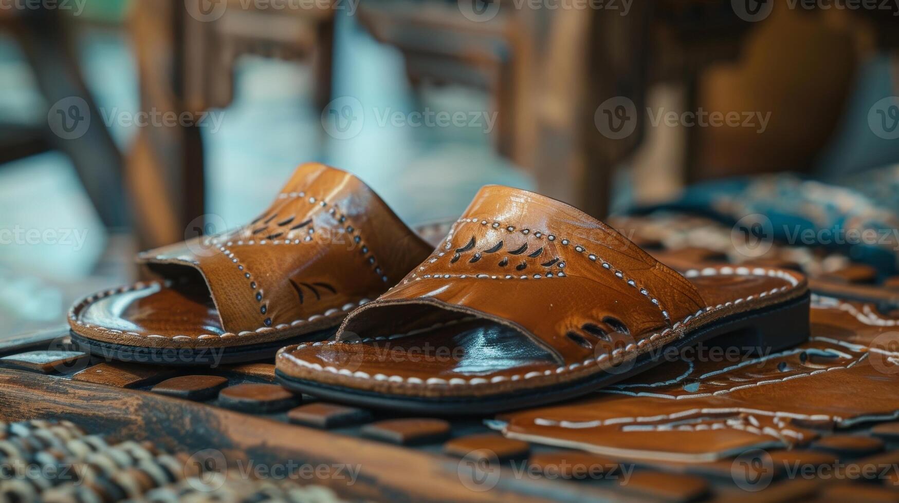 A timeless pair of leather sandals with intricate stitching and impeccable attention to detai photo