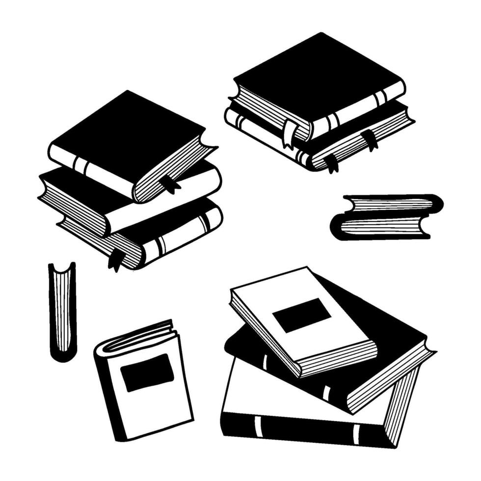 Books doodles. Closed and stacks of folded books collection. Isolated hand drawing for design and decoration vector