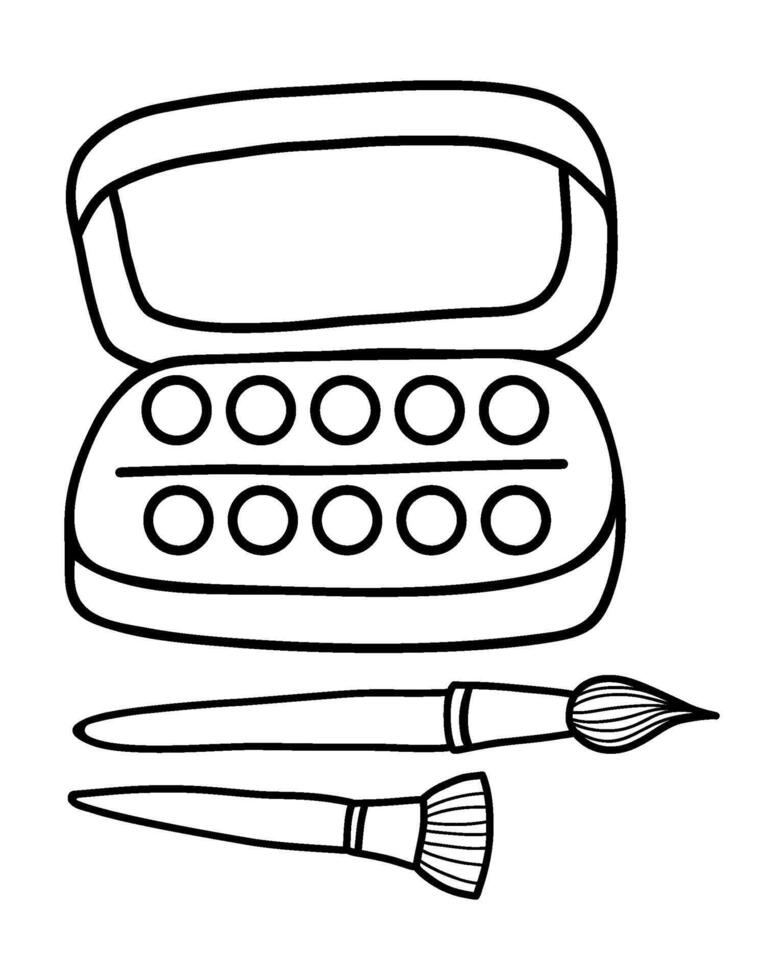 Box with artistic watercolor paints and brushes. Outline hand drawn doodle. Stationery, school accessories, educational items. vector