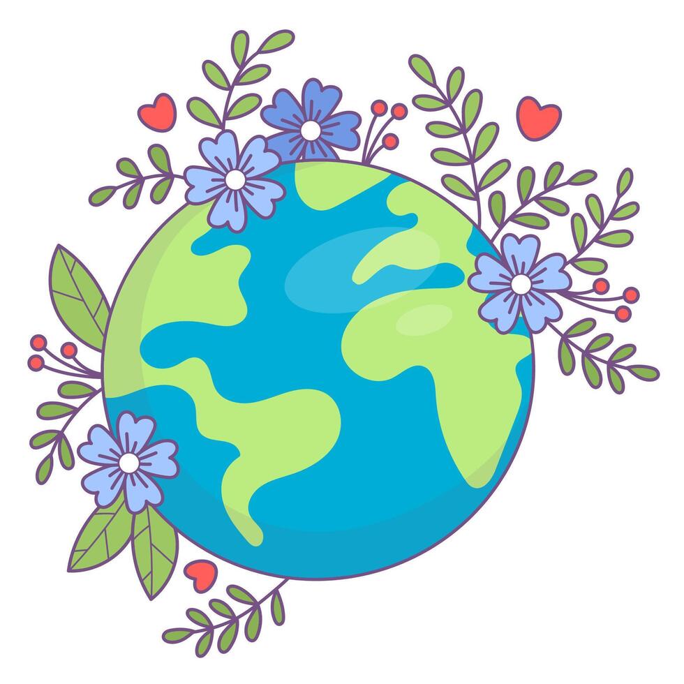 -friendly life. Blooming green planet Earth with flowers and leaves. Concept ecology, conservation and protection for nature, ecological lifestyle. vector