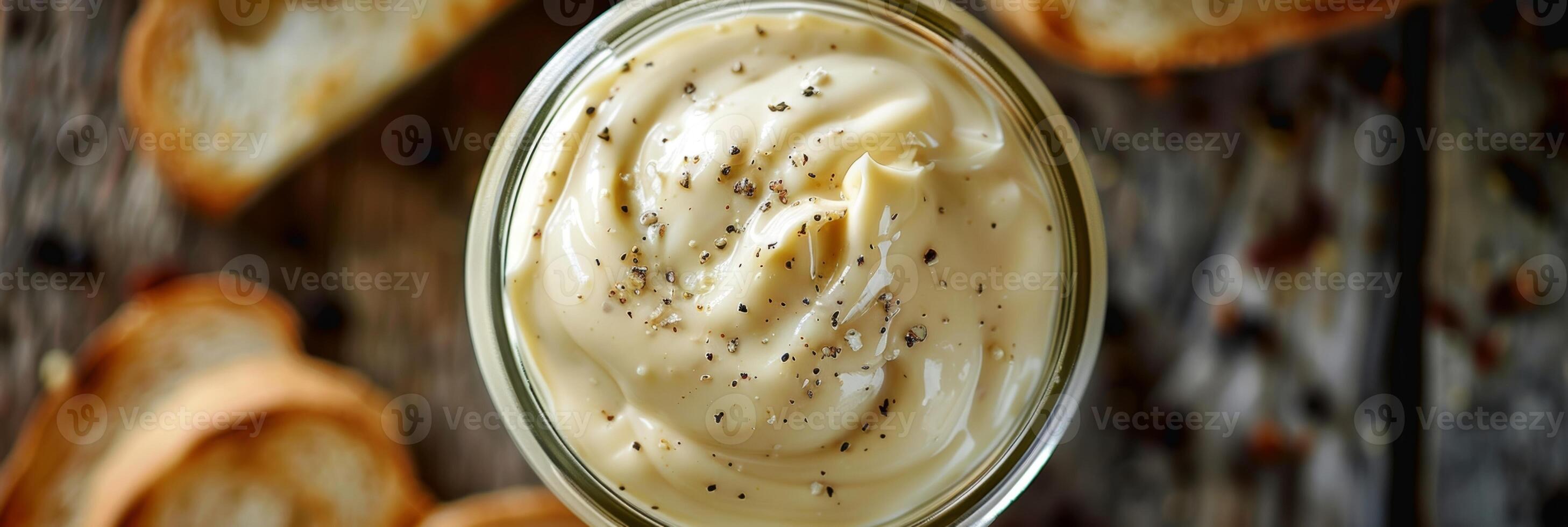 A jar of homemade vegan mayonnaise to be used as a spread for the grilled sandwich photo