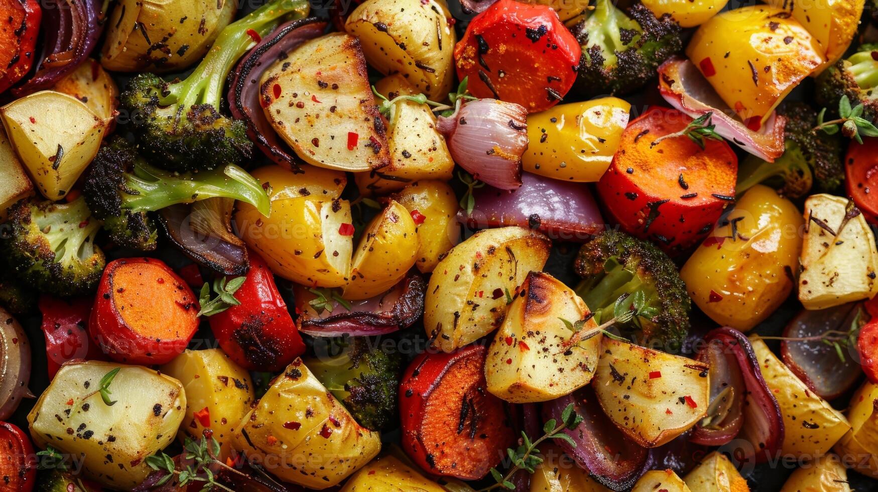 A vibrant array of roasted vegetables sprinkled with superfood seasonings like turmeric ginger and garlic and lightly coated with avocado oil for a delicious and healthy side dish photo