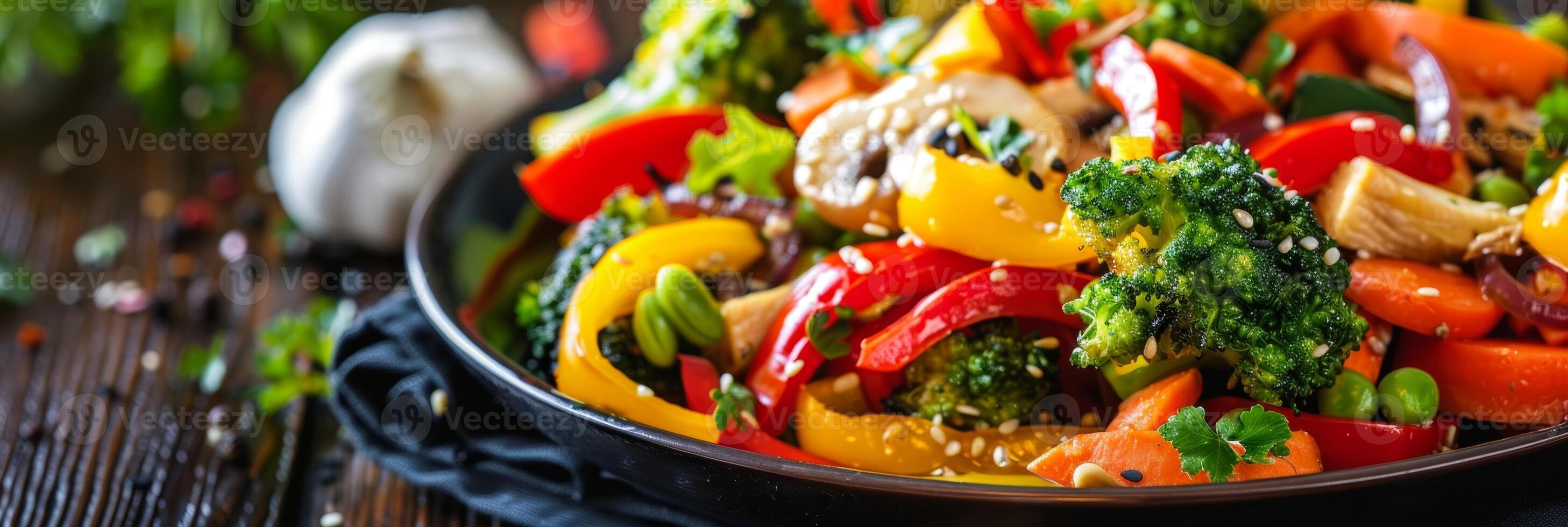A healthy stirfry dish with a variety of colorful vegetables cooked in avocado oil photo