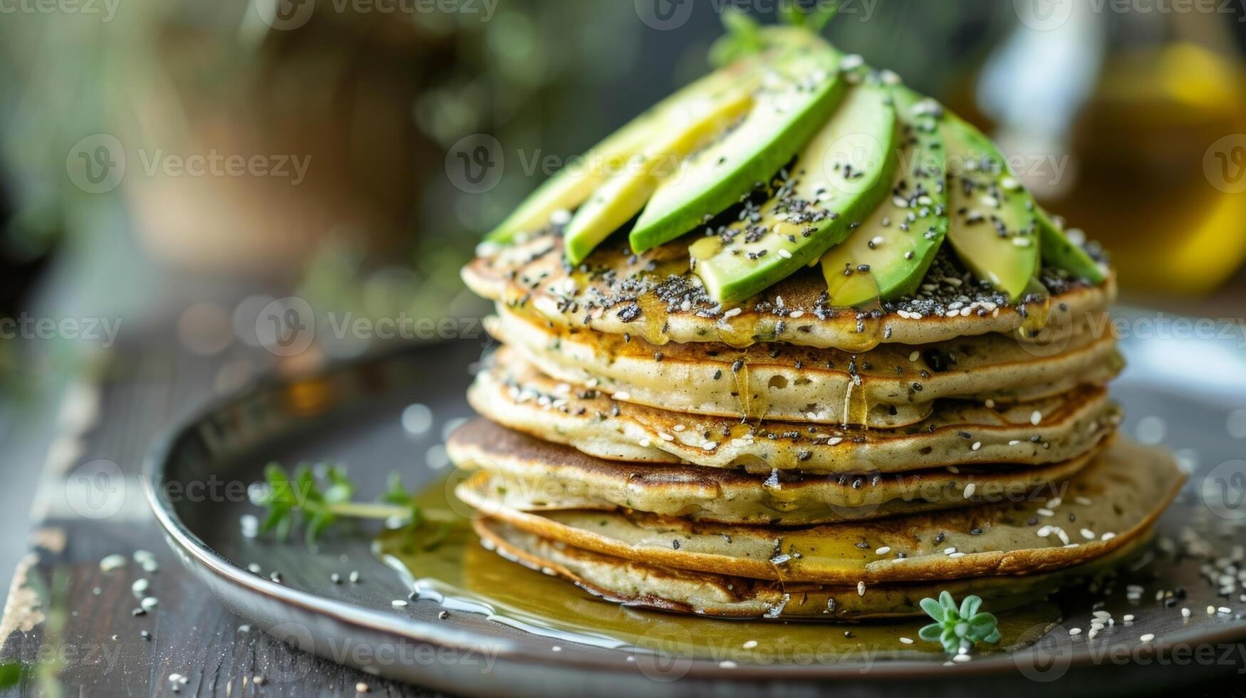 A stack of glutenfree superfood pancakes made with ingredients like almond flour chia seeds and topped with avocado slices and a drizzle of avocado oil photo