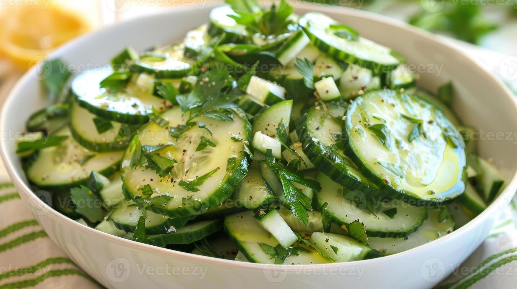 A cooling and refreshing cucumber salad dressed with a simple avocado oil and lemon dressing perfect for a summer barbecue or potluck photo