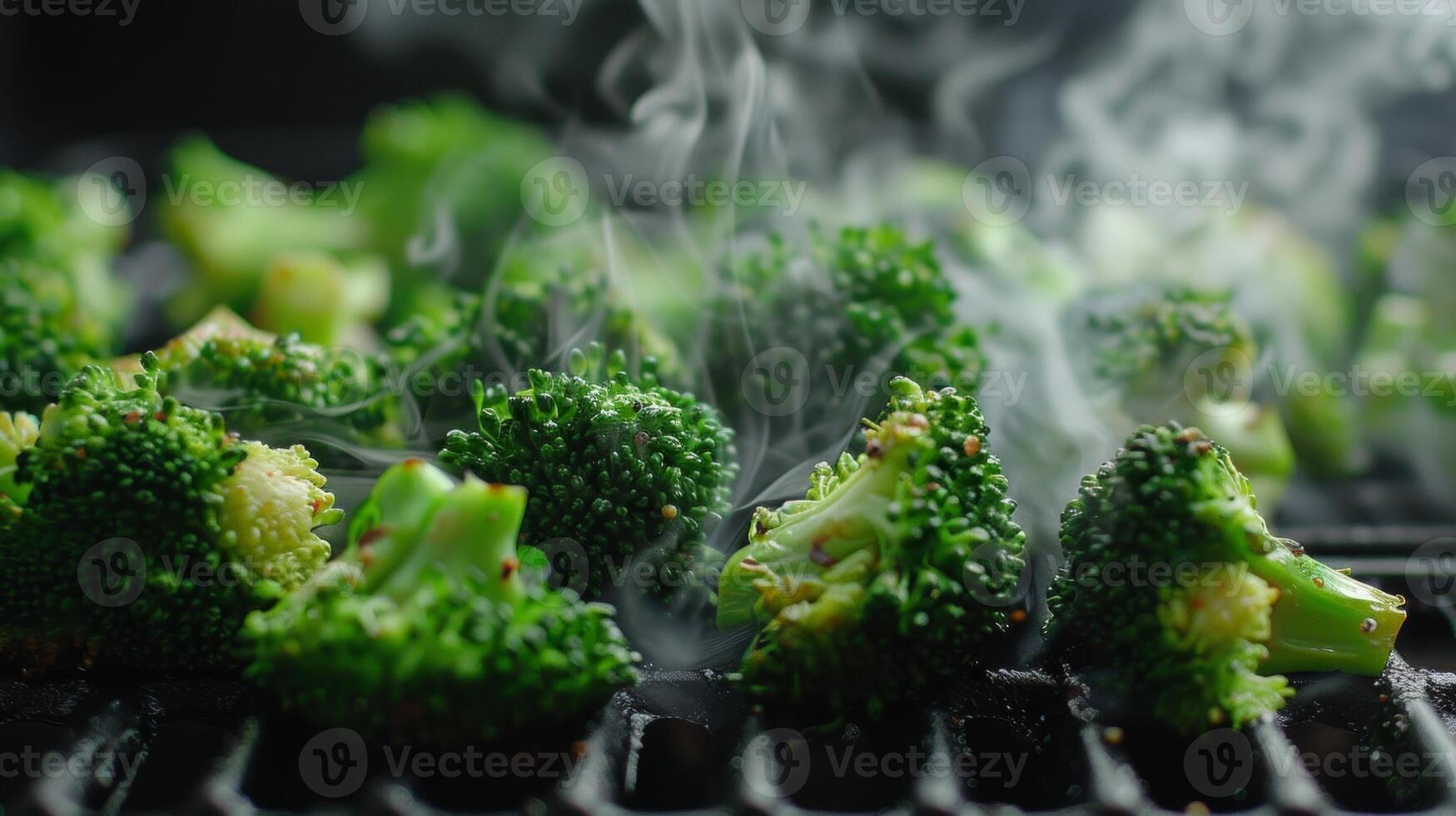 Thin wisps of steam rising from the grills grates as the broccoli florets cook photo