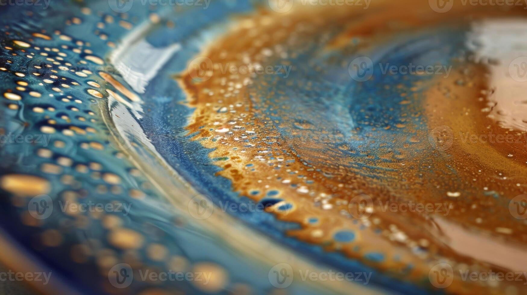 An upclose view of a handthrown plate displaying a mesmerizing blend of deep blue and warm amber glazes that create a stunning gradient effect photo
