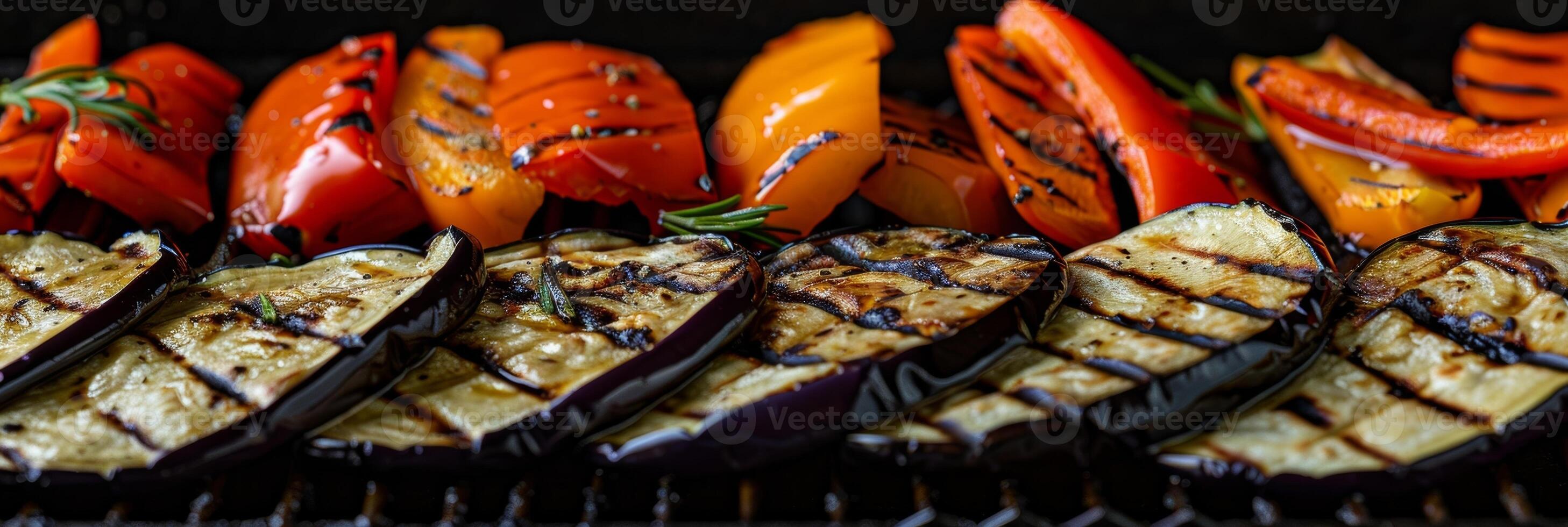 Thinlysliced eggplant and bell peppers sizzling on a hot grill getting ready to be stuffed into a quesadilla photo