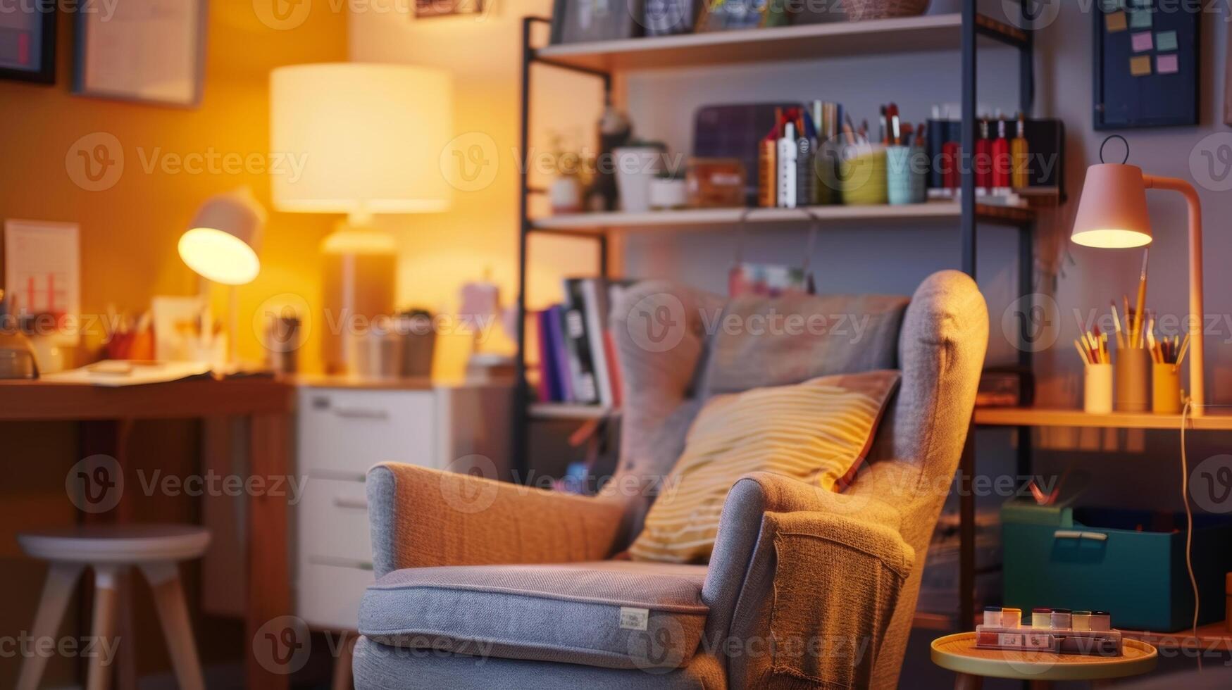 A crafting nook featuring an inviting armchair shelves stocked with art supplies and a warm ambient glow photo