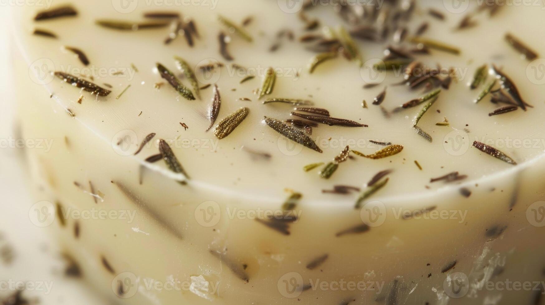 An upclose image of a round soap bar revealing a mesmerizing pattern of tiny speckles of dried herbs and es peeking through the smooth marbled surface made from a combination of nourishin photo