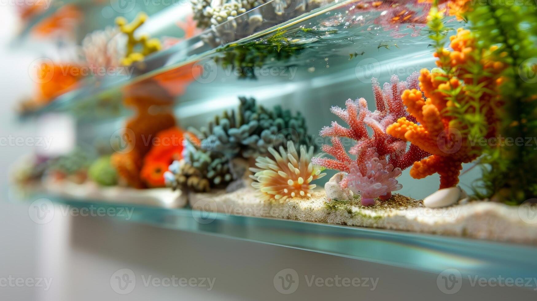 Bring a touch of the ocean into your living space with these floating shelves featuring tiny aquariums filled with delicate sea creatures and delicate corals photo
