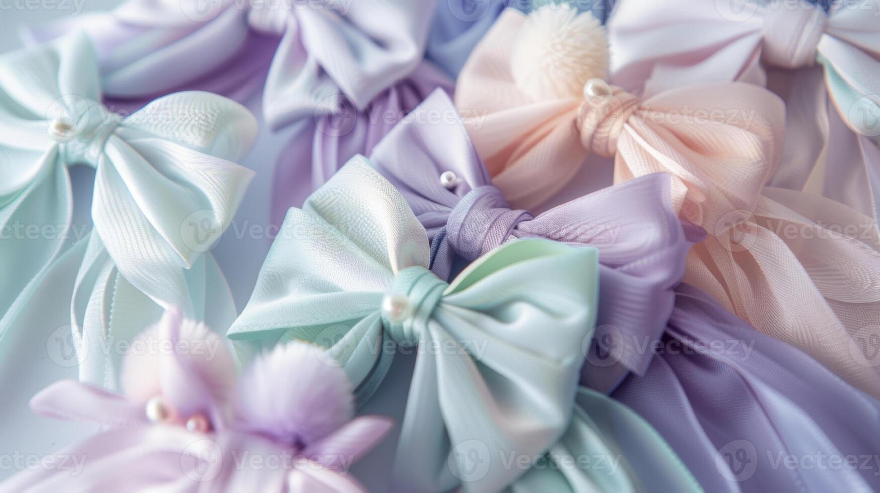 A group of pastel hair bows in shades of lavender mint and lemon featuring oversized bows with playful pompom accents and delicate pearl detailing photo